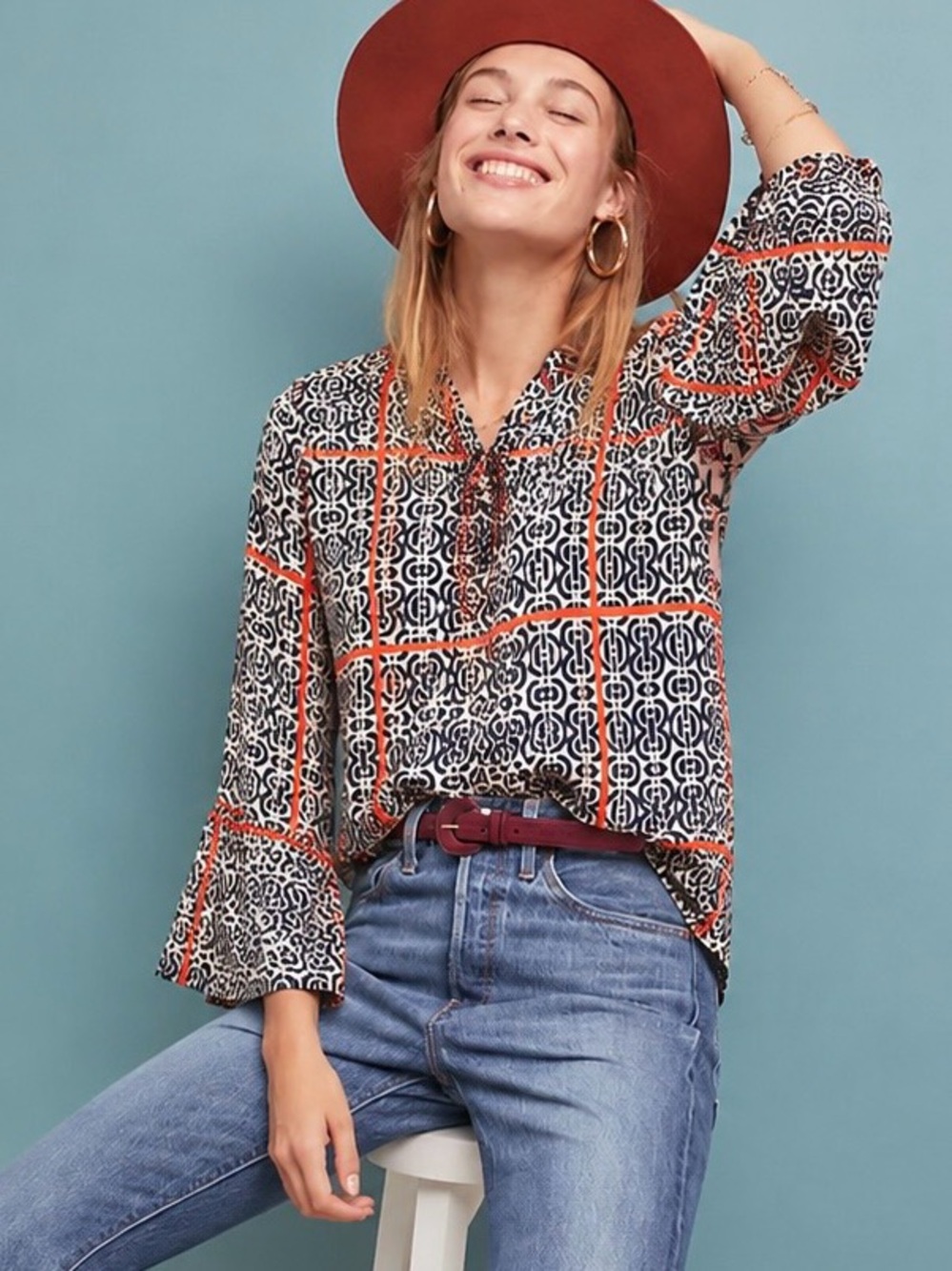 Anthropologie Chaus LongSleeve Ruffle Keyhole-Neck Blouse shirt Geometric